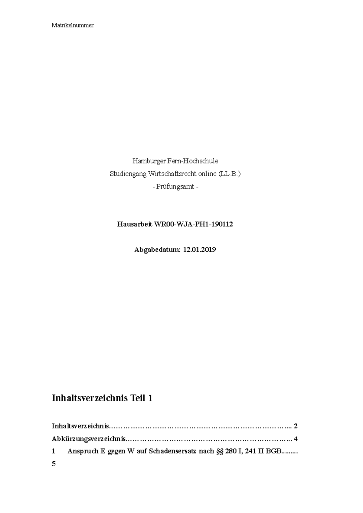 Hausarbeit Schadensersatz 12 - Matrikelnummer: Hamburger Fern ...