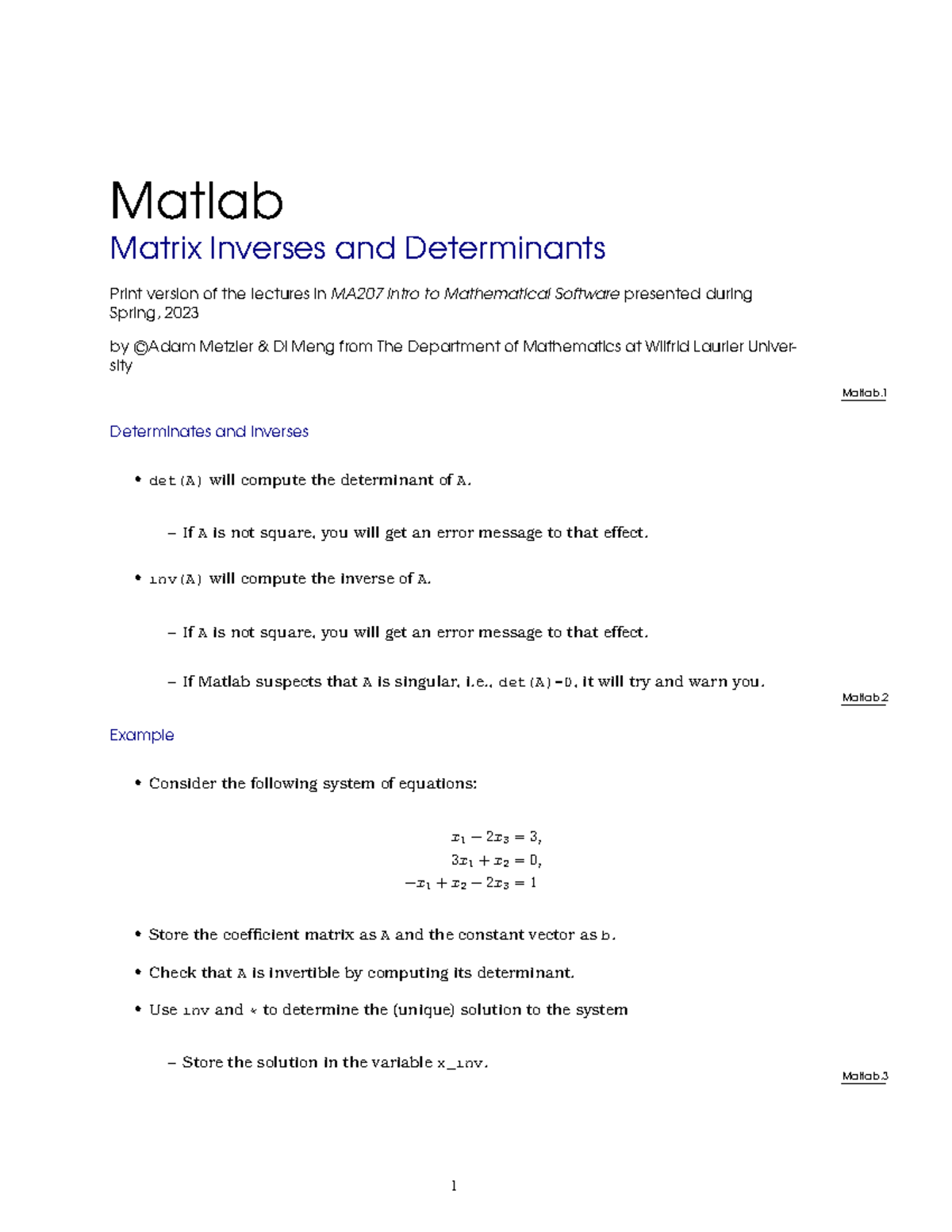 3-MA207 Inv Det Notes - Matlab Matrix Inverses and Determinants Print ...