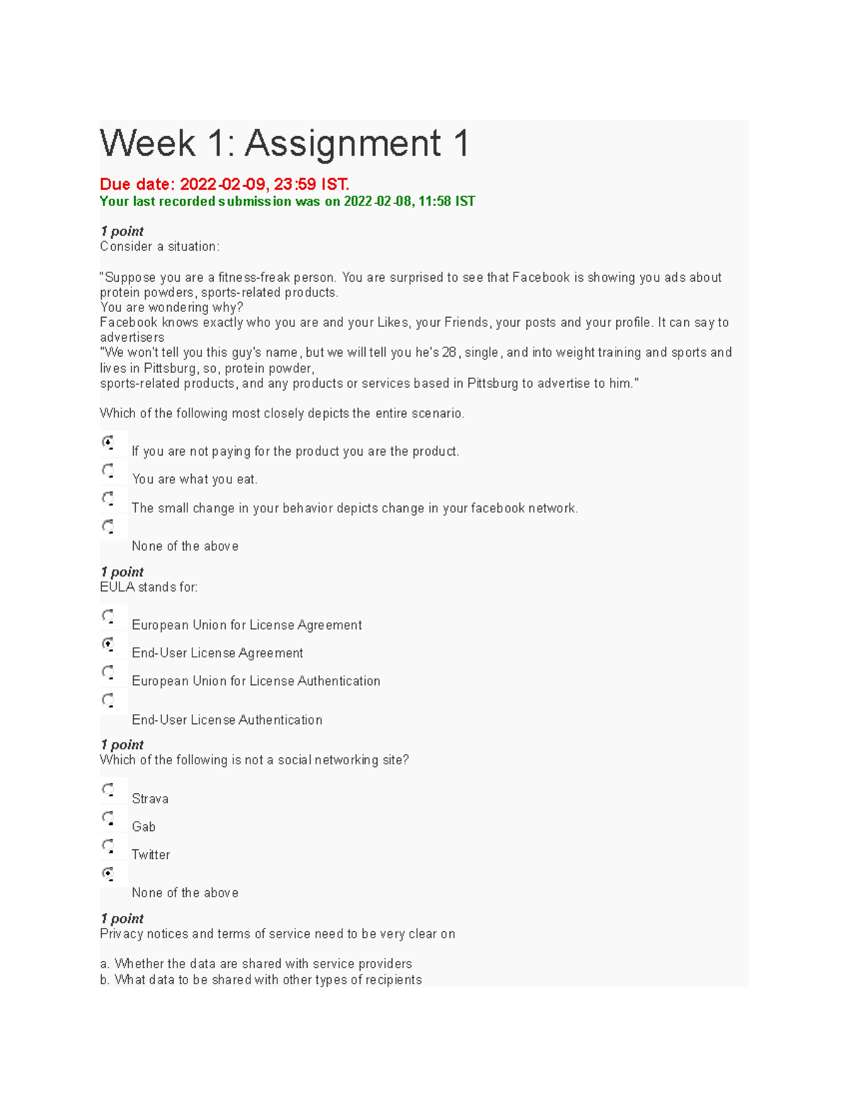 Week 1 Online Privacy - Week 1: Assignment 1 Due date: 2022-02-09, 23: ...