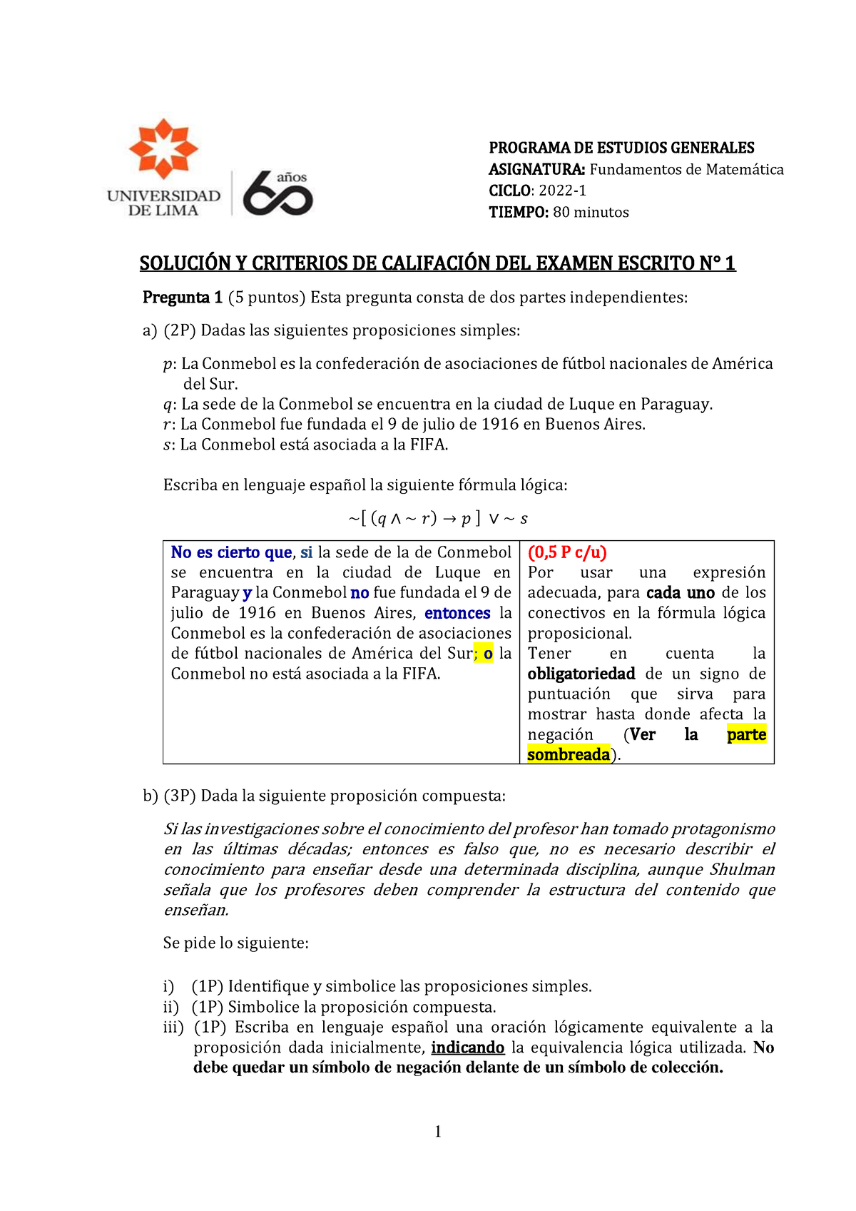 Solucionario EE1 FM 2022-1 - SOLUCIÓN Y CRITERIOS DE CALIFACIÓN DEL ...