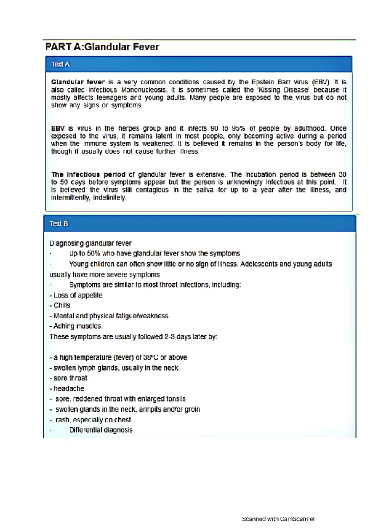 Glandular Fever Part A Oet Reading Notes English Language IELTS Studocu