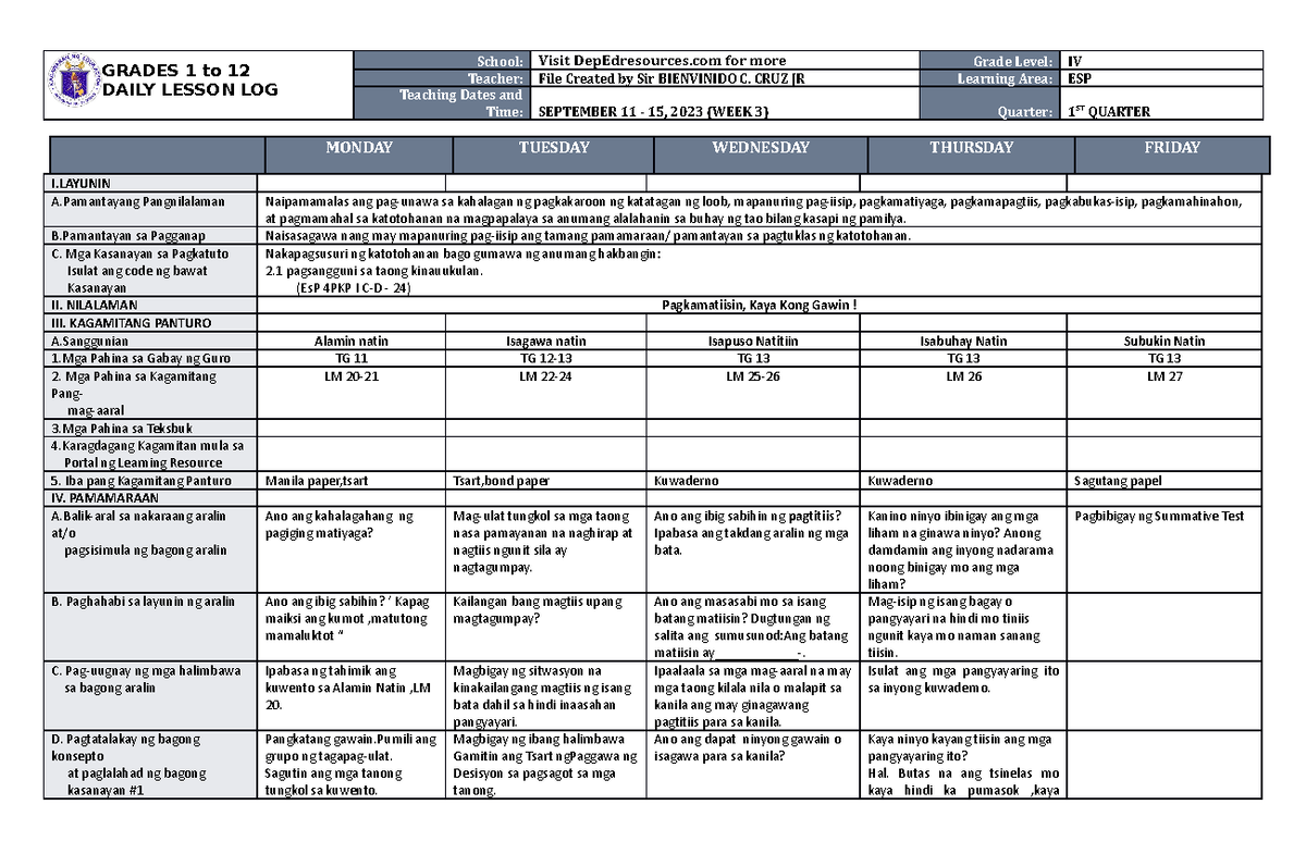 DLL ESP 4 Q1 W3 - Dll - GRADES 1 to 12 DAILY LESSON LOG School: Visit ...
