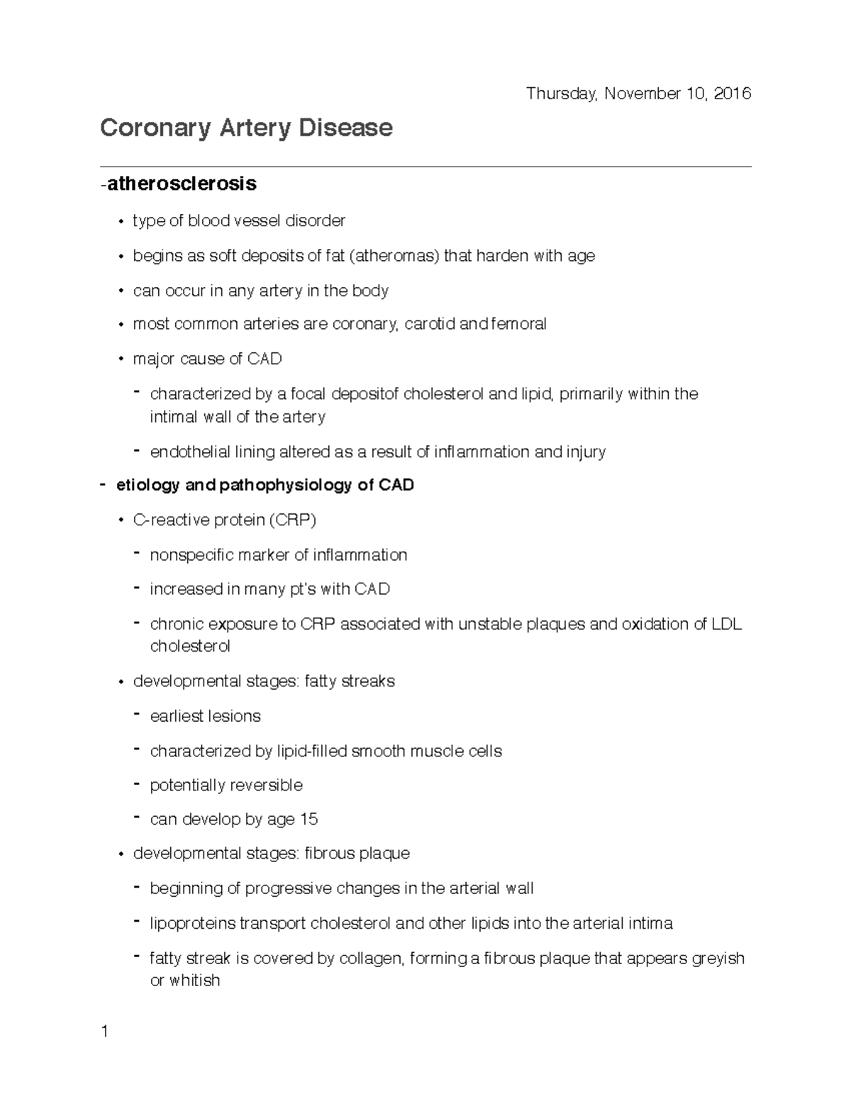 Coronary Artery Disease Notes - Studocu