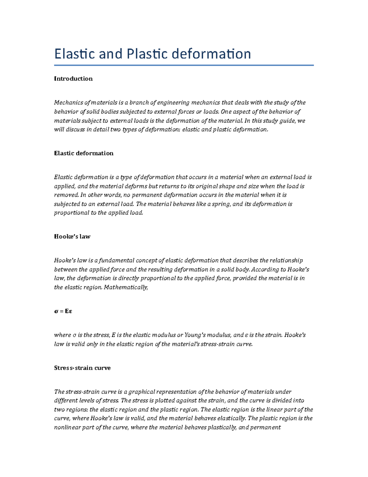 Elastic and Plastic deformation - Elastic and Plastic deformation ...