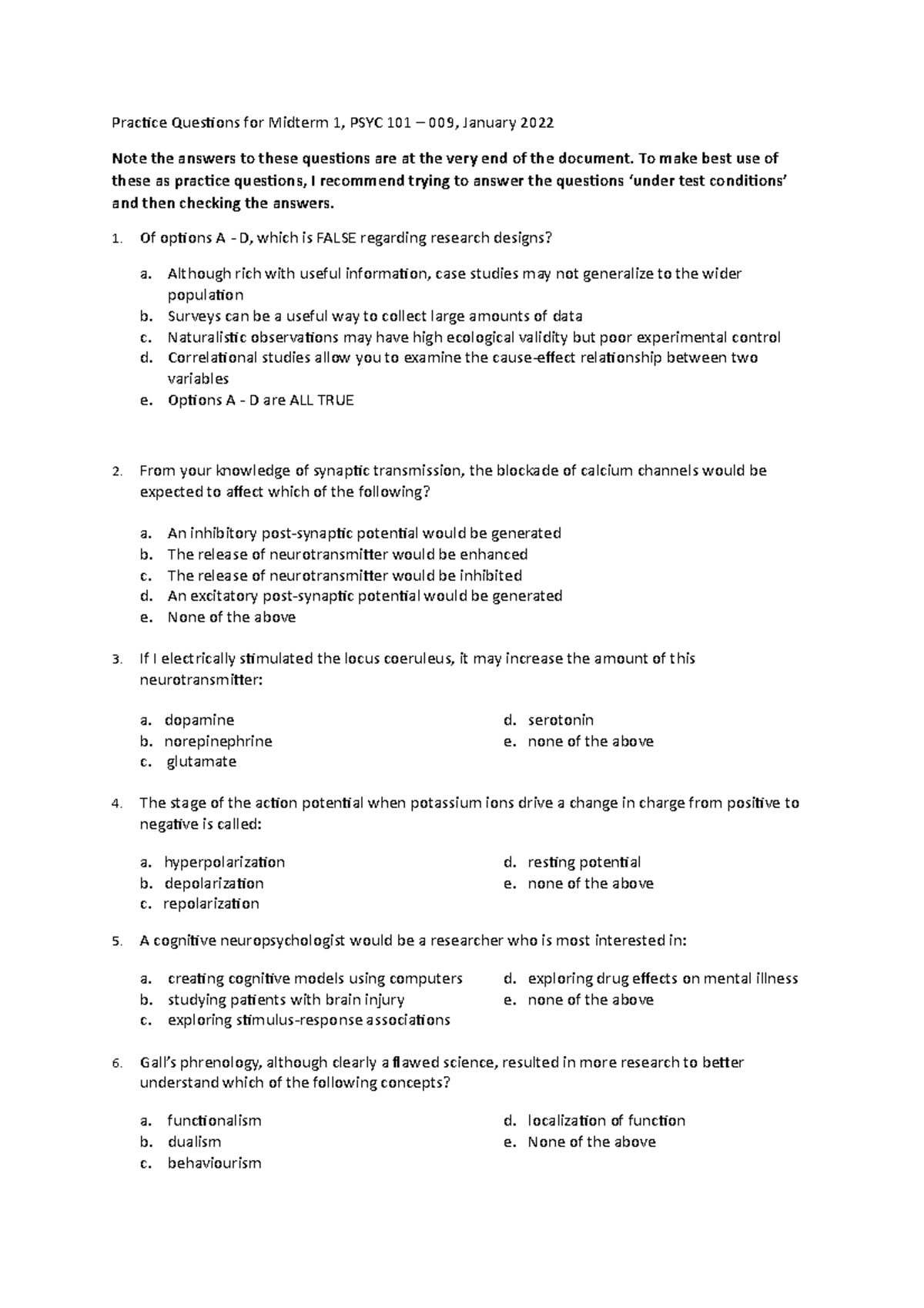 Examples MT1 With Answers - Practice Questions for Midterm 1, PSYC 101 ...