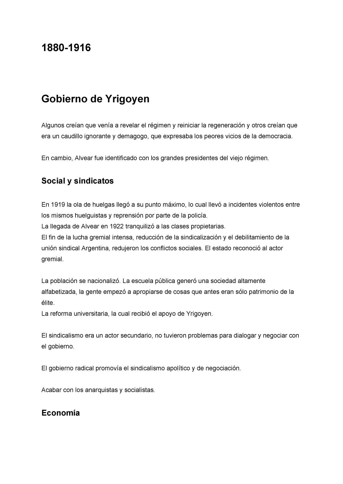 ICSE Parcial II UBAXXI - 1880- Gobierno De Yrigoyen Algunos Creían Que ...