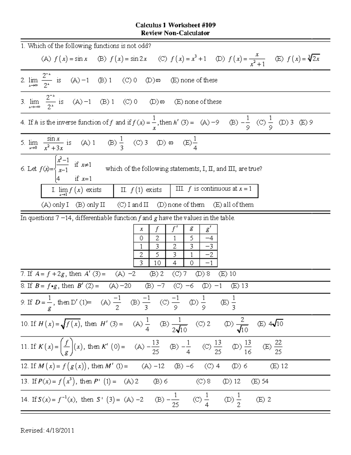 AB ws 109 Non Calculator - Calculus 1 Worksheet # - Studocu