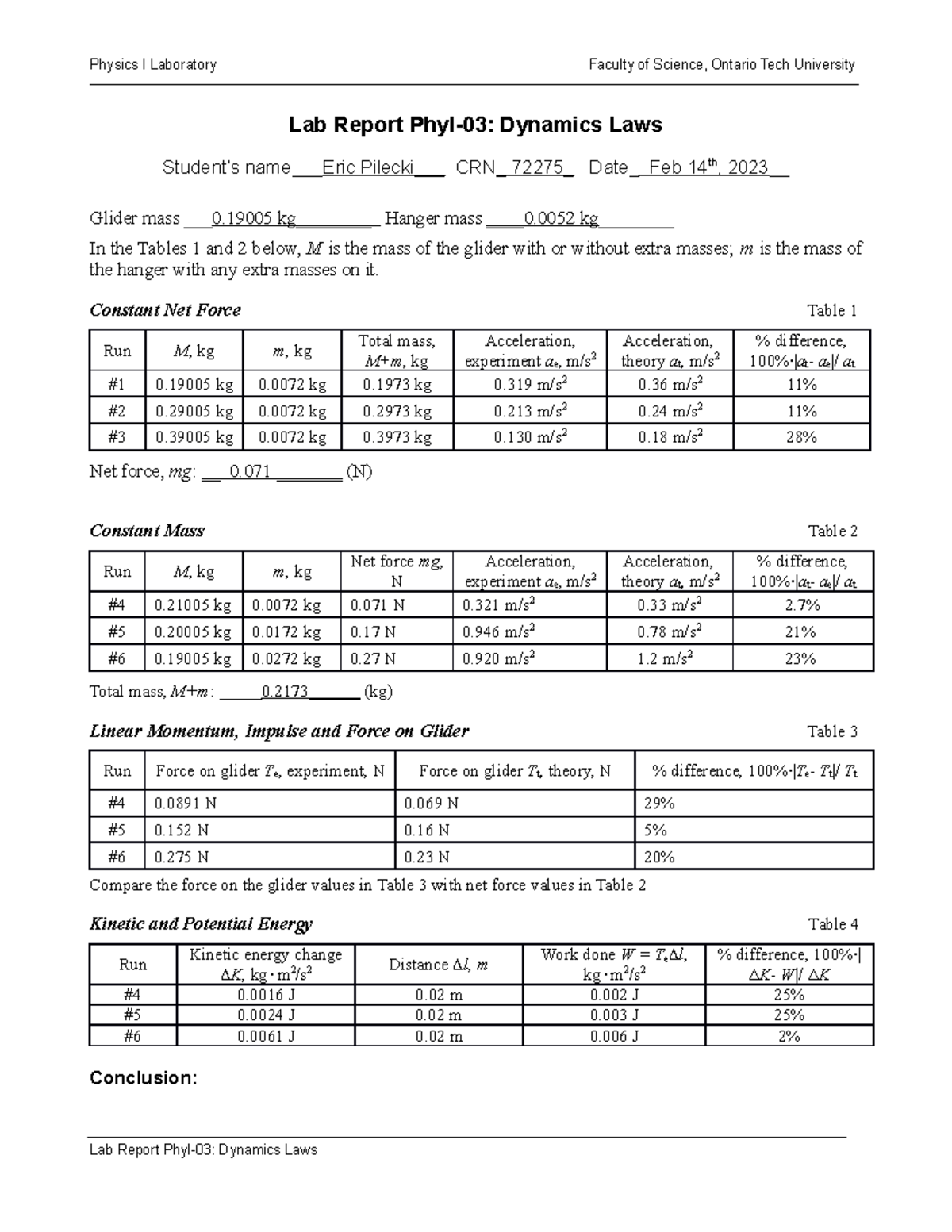 Lab Report Lab Physics I Laboratory Faculty Of Science Ontario