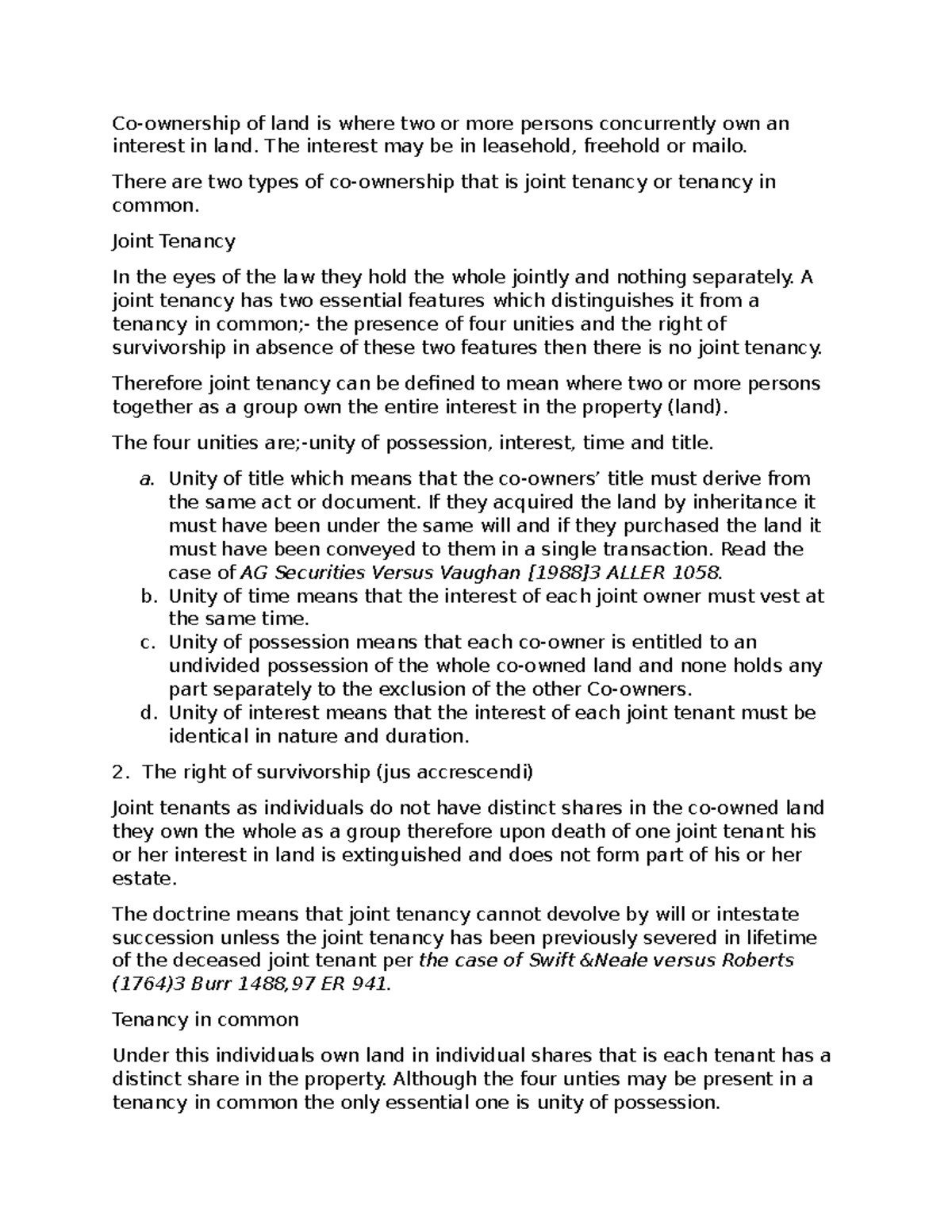 CO Ownership in land laws of Uganda in relation to common law Co
