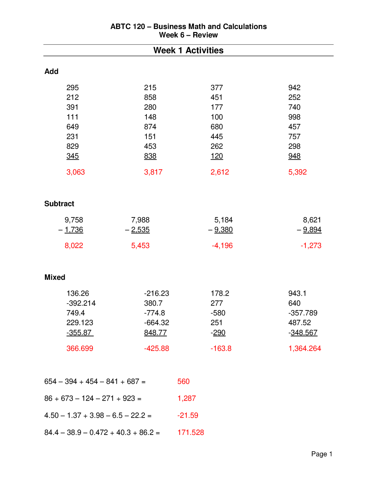 Week 6 Review Key - Week 6 – Review Week 1 Activities Week 6