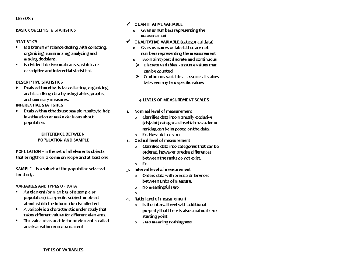 Module 1 - study smart - LESSON 1 BASIC CONCEPTS IN STATISTICS ...