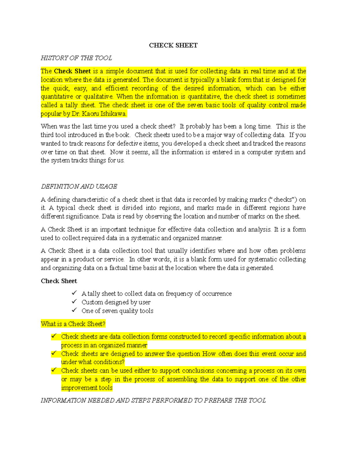 Summaries Definition Of Check Sheet For Reference CHECK SHEET HISTORY 