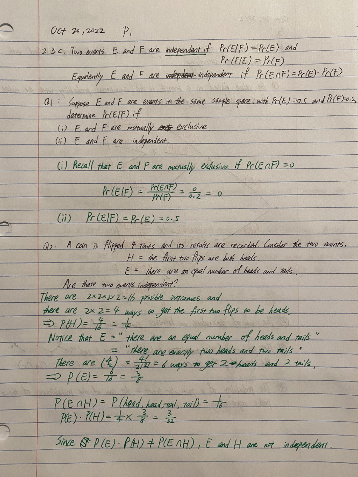 Math1228 L6 - Lecture 6 notes - Oct. 20 ,2022 P, 2 Two events E and F ...