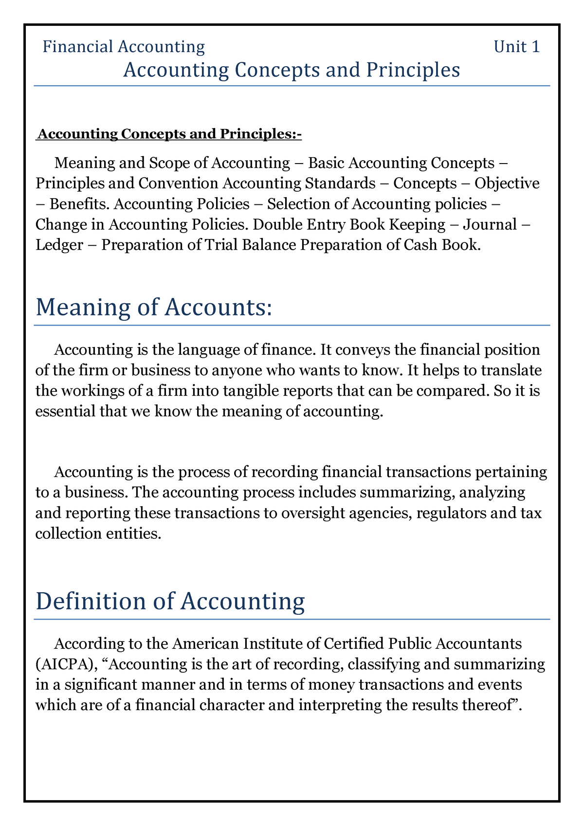 Financial Accounting Unit 1 - Accounting Policies – Selection Of ...