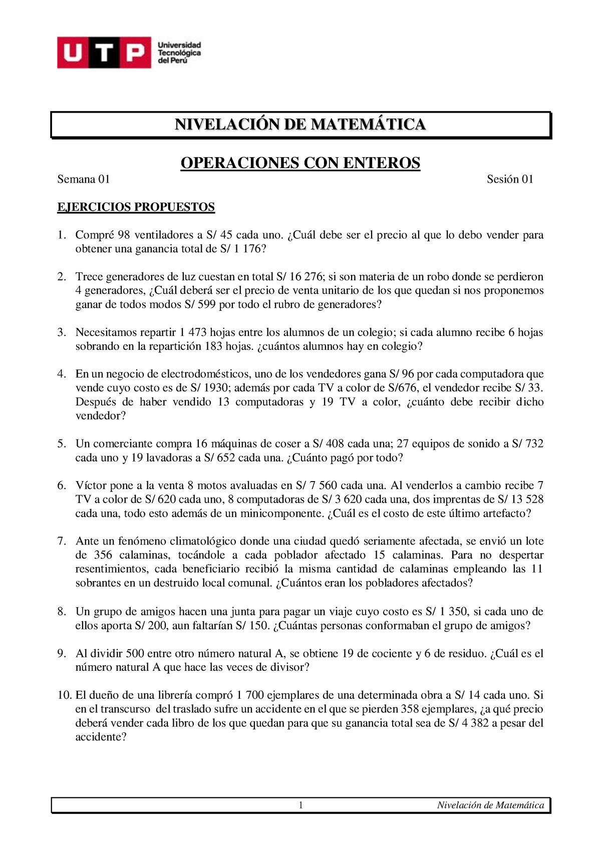 S01.s1 - Resolver Ejercicios - 1 Nivelación De Matemática NIVELACIÓN DE ...