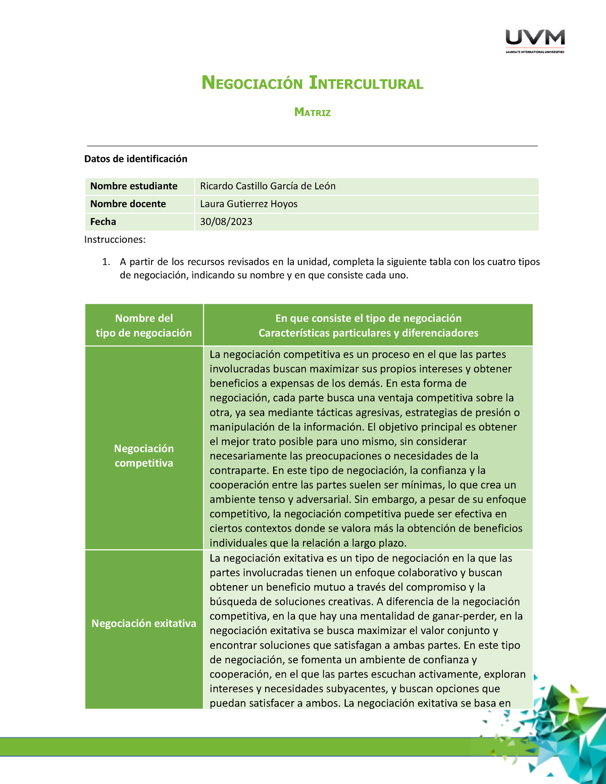 A4 RCGL Matriz - NEGOCIACIÓN INTERCULTURAL MATRIZ Datos De ...