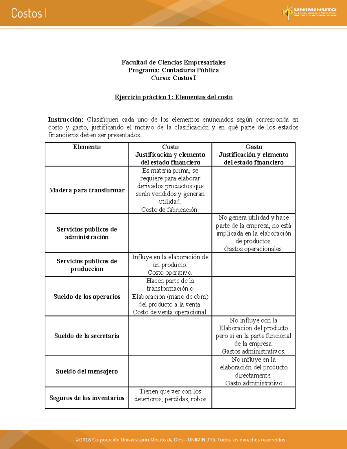 Ejercicio Práctico 1 - Elementos Del Costo - Facultad De Ciencias ...