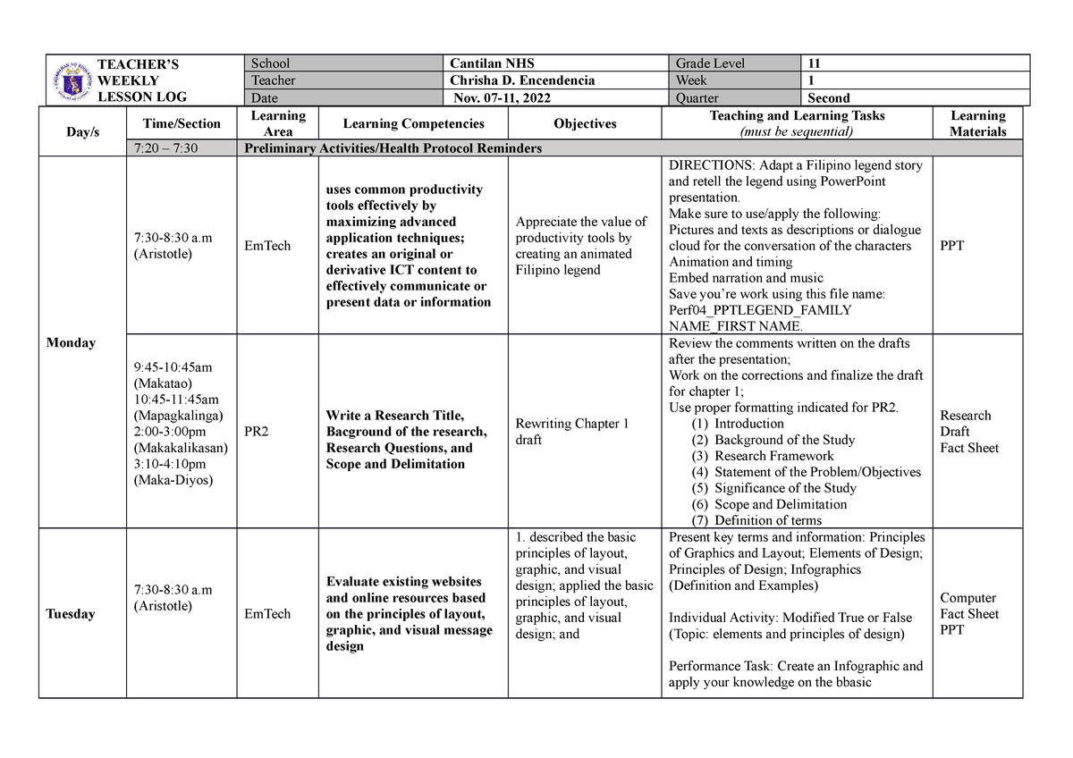 Encendencia DLL Q2 w1 - DLL - TEACHER’S WEEKLY LESSON LOG School ...