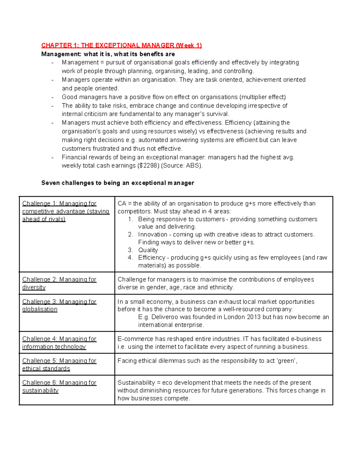 MGMT1001 Notes - CHAPTER 1: THE EXCEPTIONAL MANAGER (Week 1) Management ...