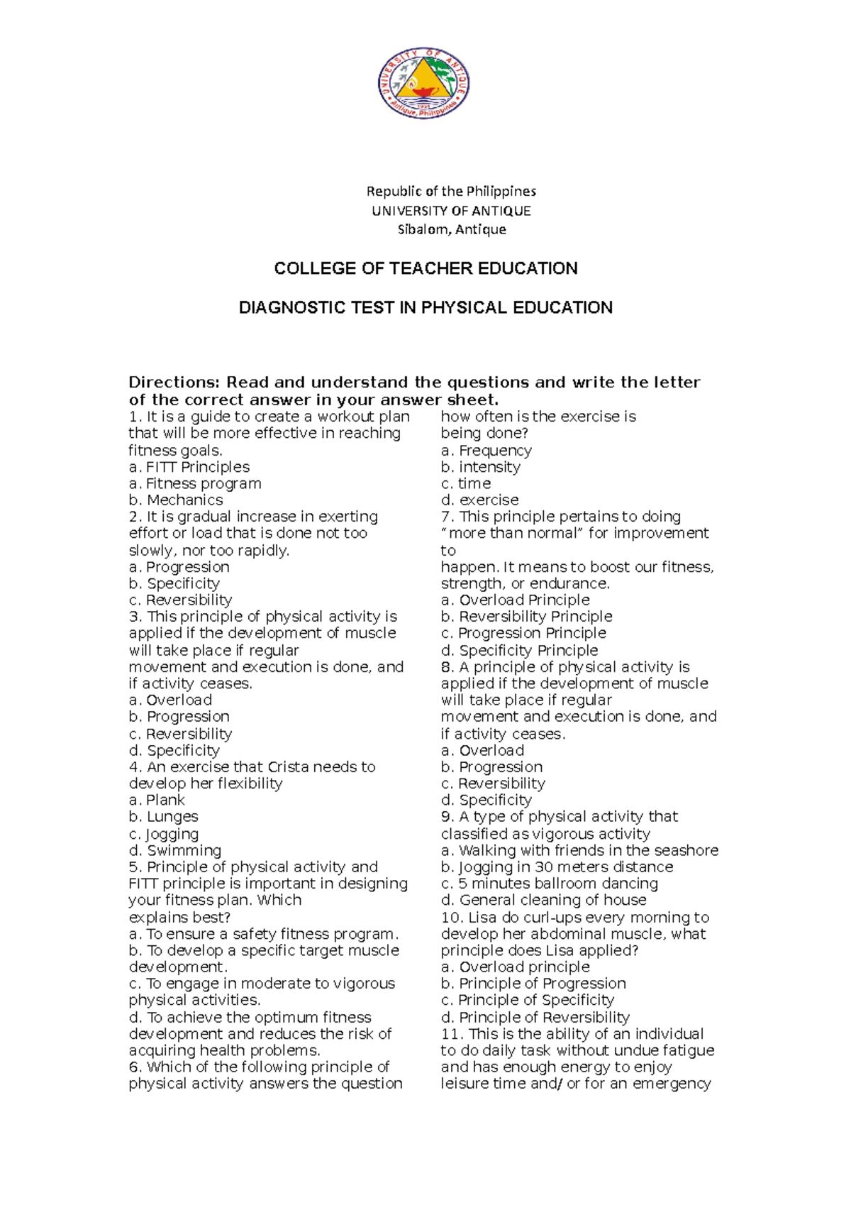 Diagnostic PE - Notes - Republic of the Philippines UNIVERSITY OF ...