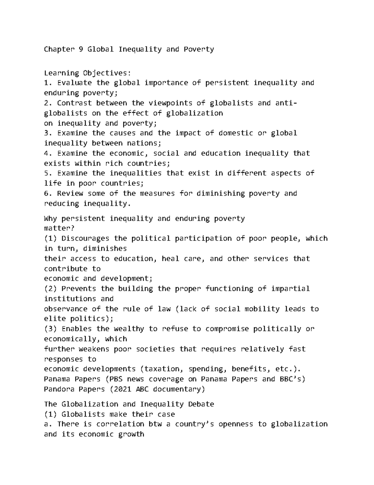 Chapter 9 Global Inequality And Poverty Chapter 9 Global Inequality