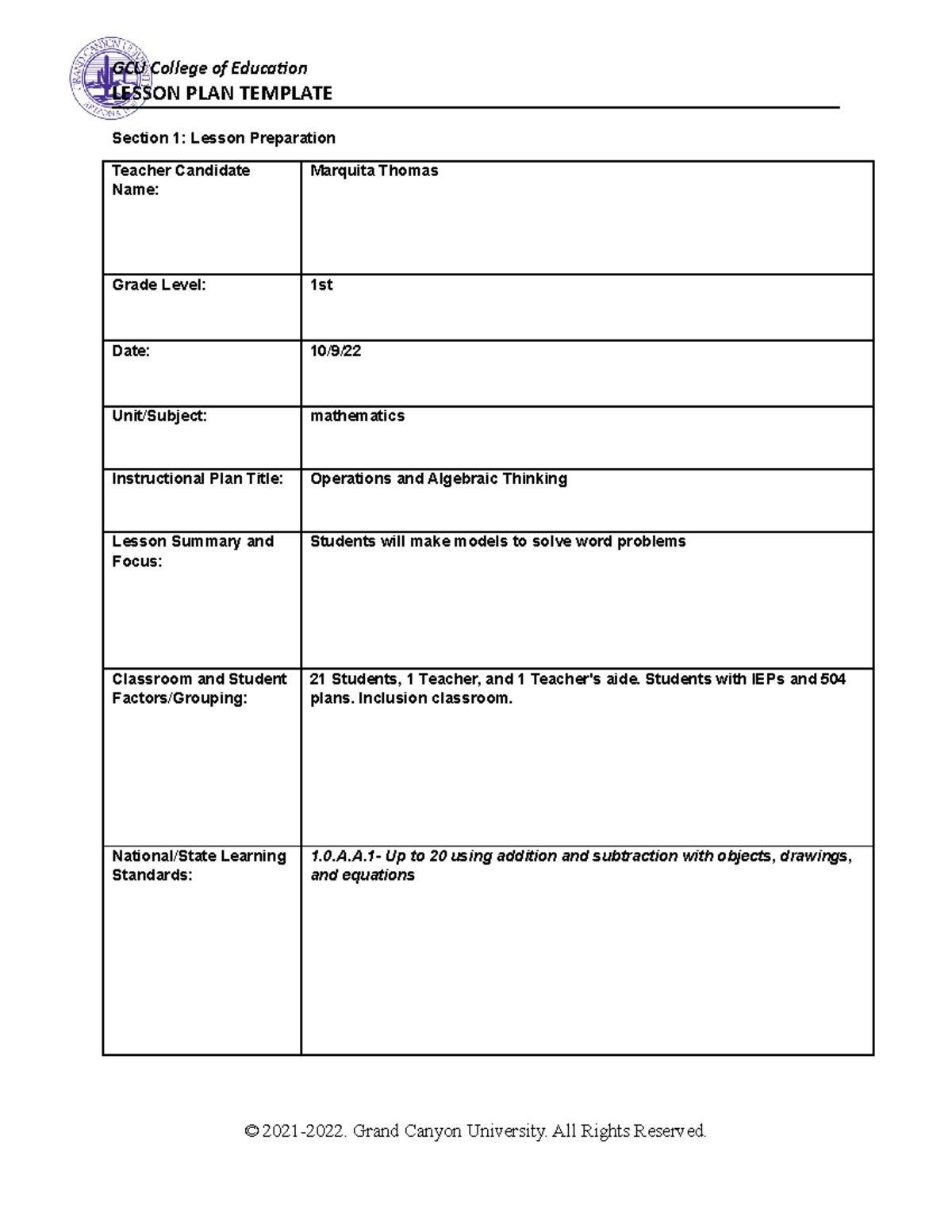 Marquita thomas operations and algebraic lesson plan - LESSON PLAN ...