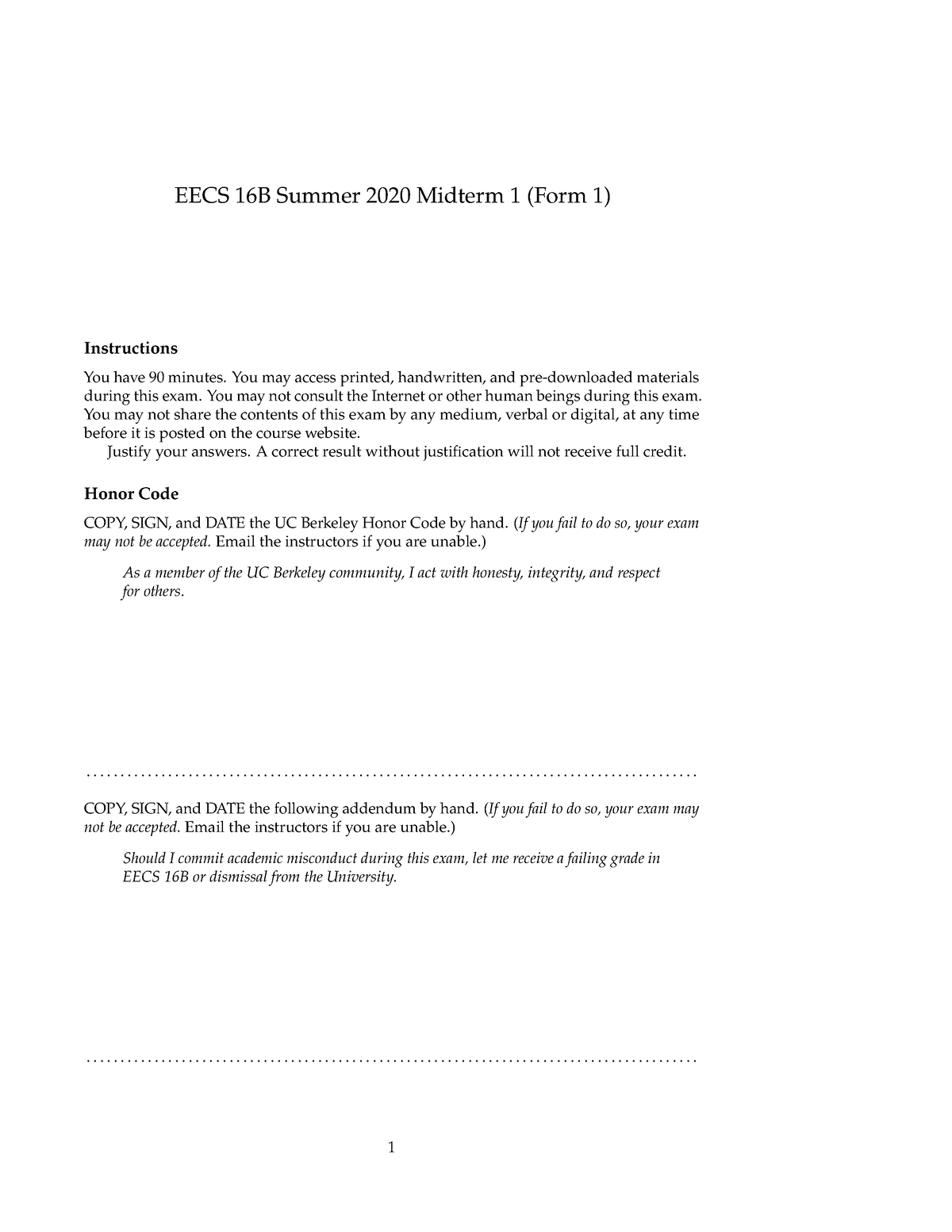 Su20 Mt1 Exam - Whattup Team - EECS 16B Summer 2020 Midterm 1 (Form 1 ...