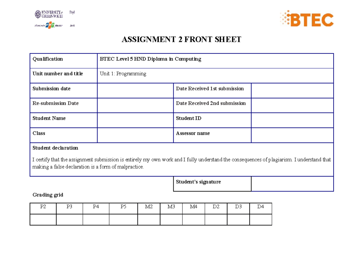 ASM2 - ASM 2 - ASSIGNMENT 2 FRONT SHEET Qualification BTEC Level 5 HND ...