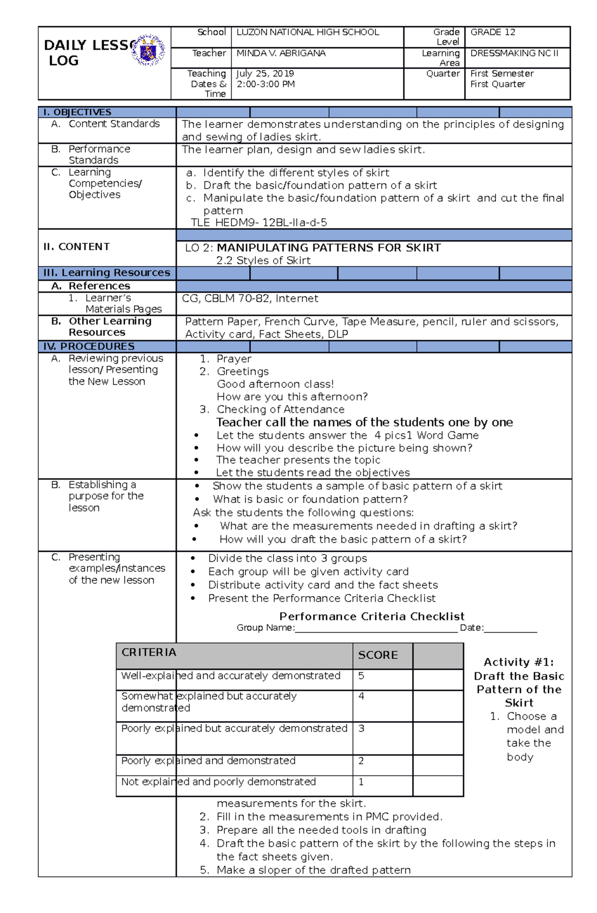 DLL - Manipulatimg Skirt Pattern - DAILY LESSON LOG School LUZON ...