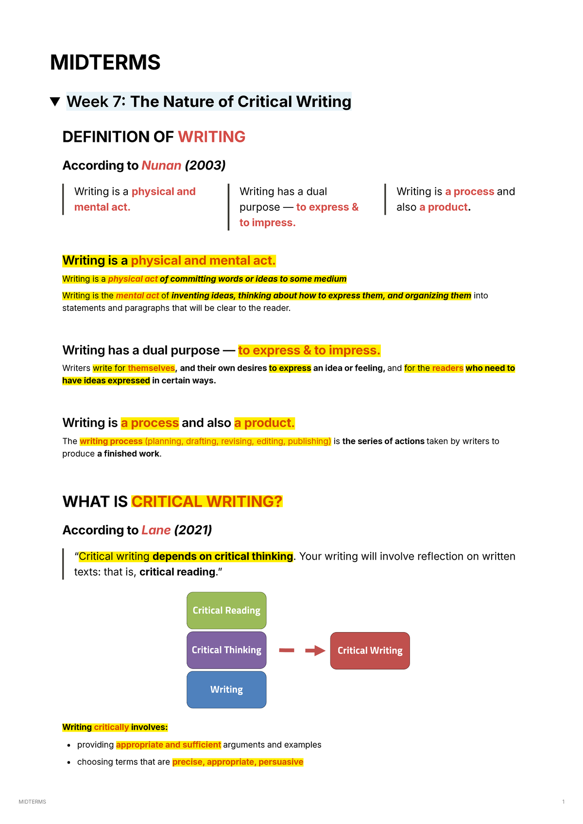 CRWT111 Midterms ALL Lessons - MIDTERMS Week 7 The Nature of Critical ...