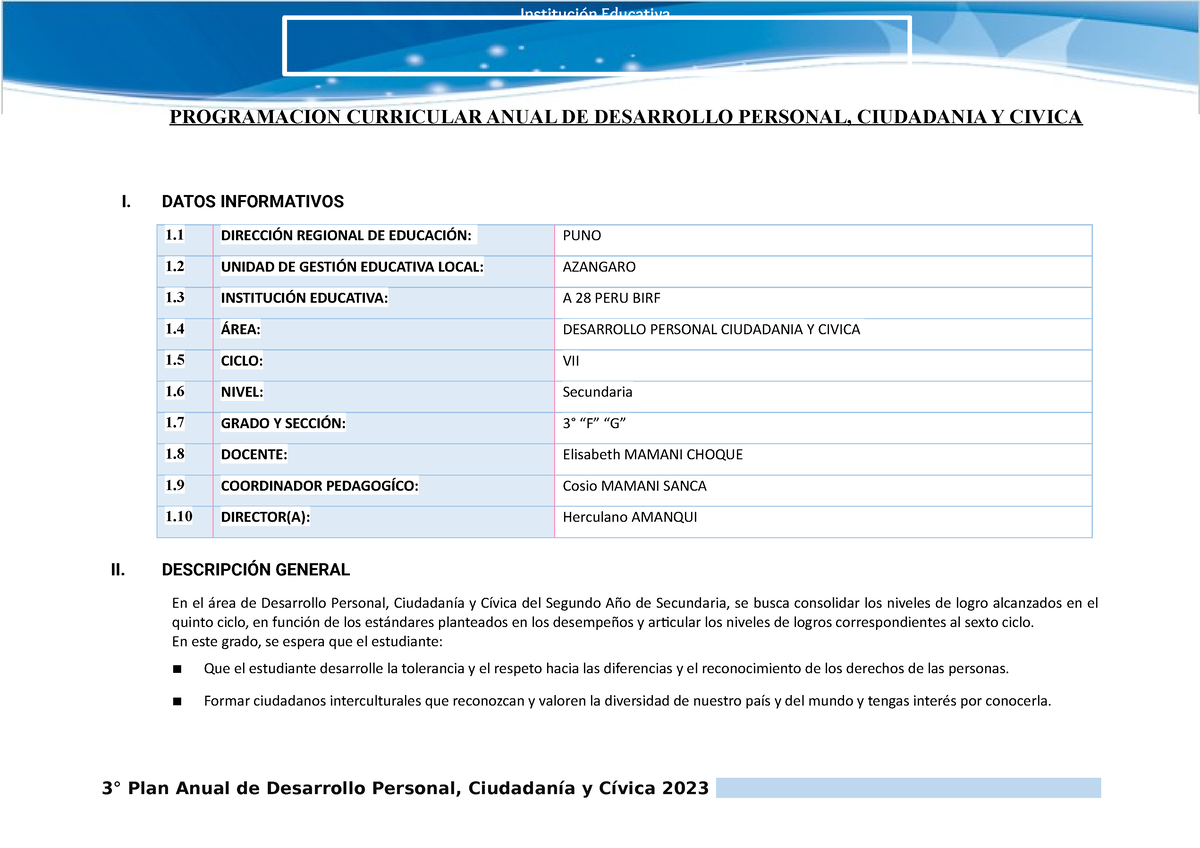 Programacion Anual DPCC 3° AÑO 2023 - I. DATOS INFORMATIVOS 1 DIRECCIÓN ...