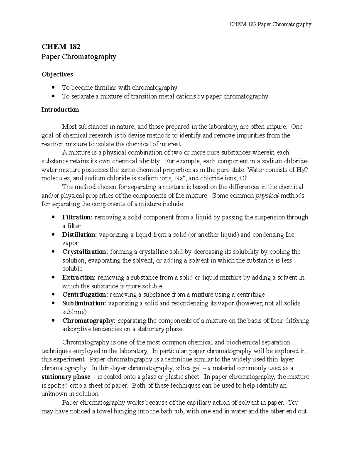 CHEM 182 Paper Chromatography - CHEM 182 Paper Chromatography ...