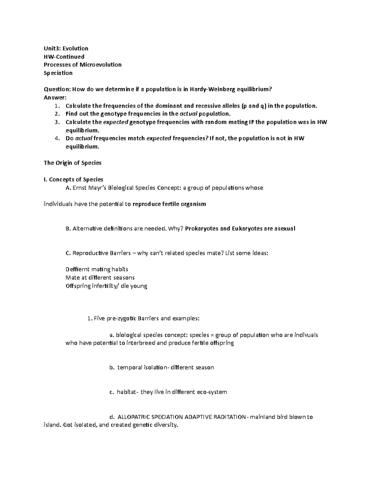 Unit3 2 Outline Microevolution+and+Speciation - Unit3: Evolution HW ...