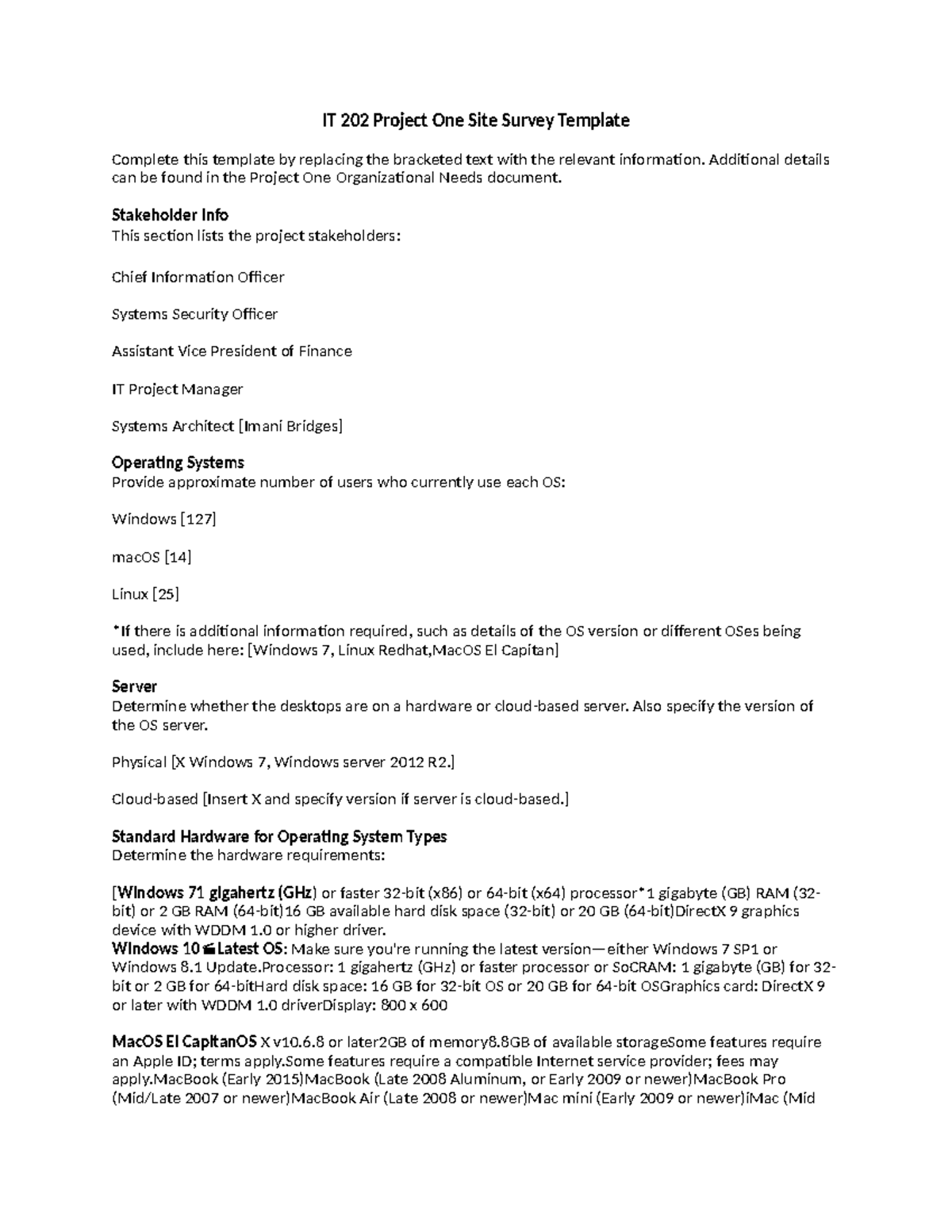 It 202 project one site survey template it 202 project one site
