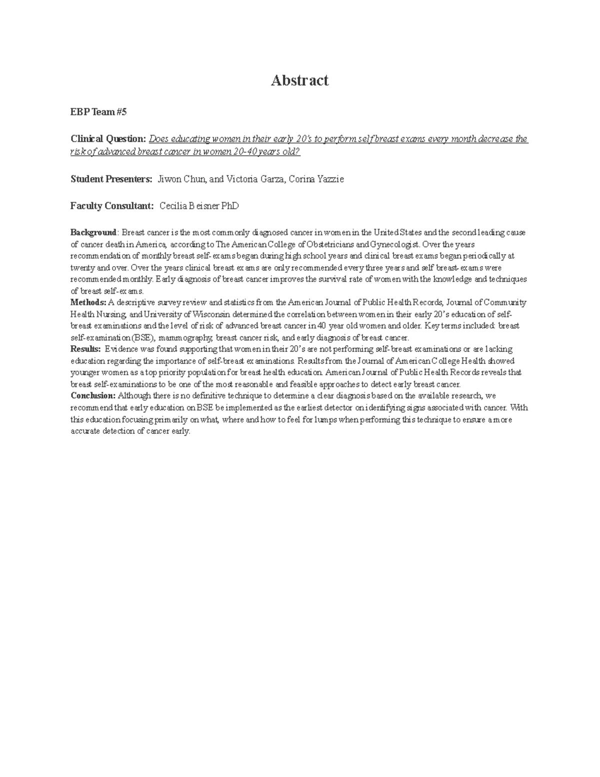 EBP Abstract Example - Abstract EBP Team Clinical Question: Does ...