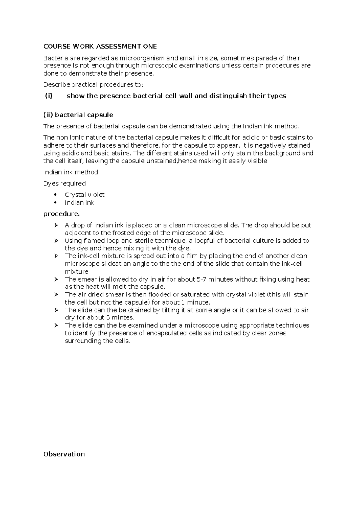 Course WORK Assessment ONE - COURSE WORK ASSESSMENT ONE Bacteria are ...