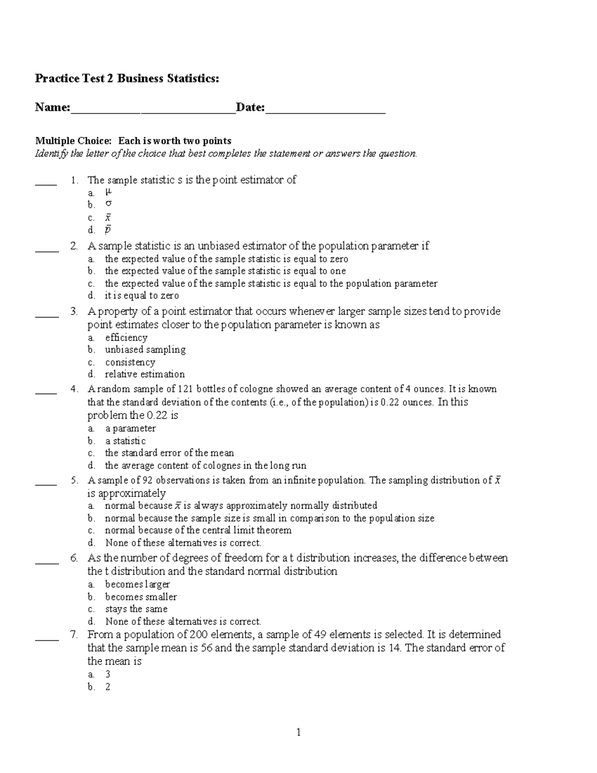 Introduction-marked-B - Practice Test 2 Business Statistics: Name ...