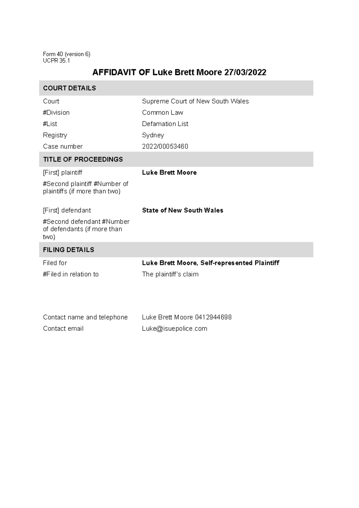 Affidavit to go with notice of motion for interim damages and other