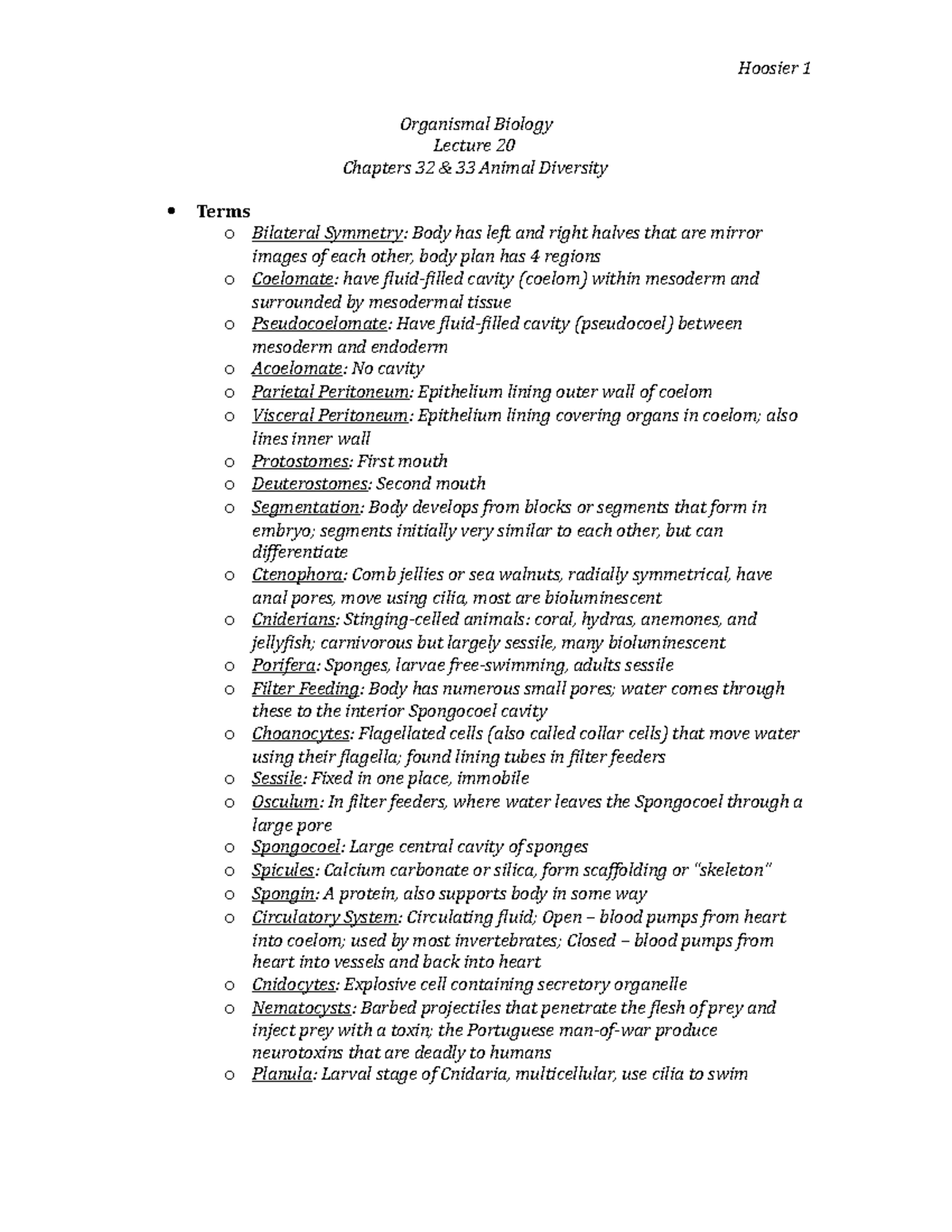 Ch.32-33 Lecture 20 Notes – Animal Diversity II - Organismal Biology ...