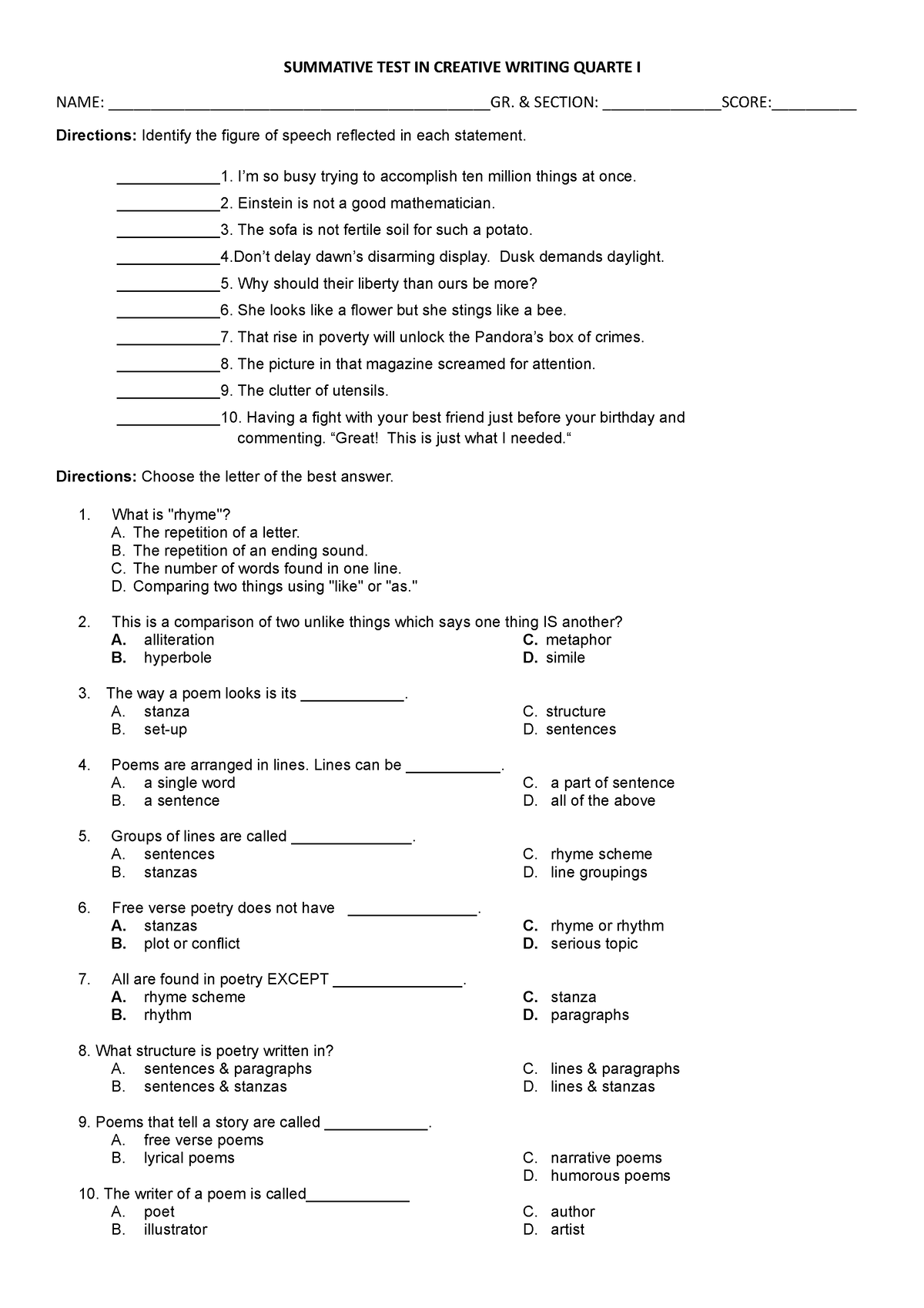 creative writing summative test with answer key