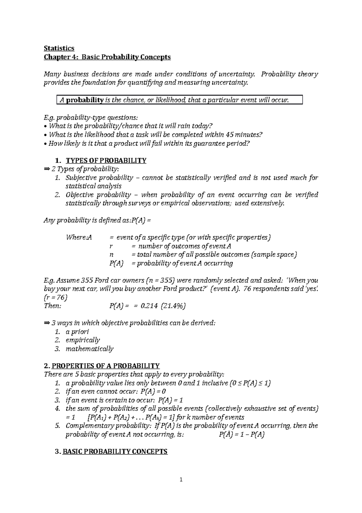 Ch4 Notes - Statistics Chapter 4: Basic Probability Concepts Many ...