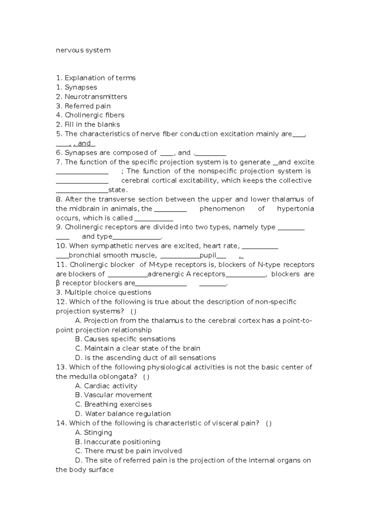 Nervous System - Assignments To Be Completed After Biology Class ...