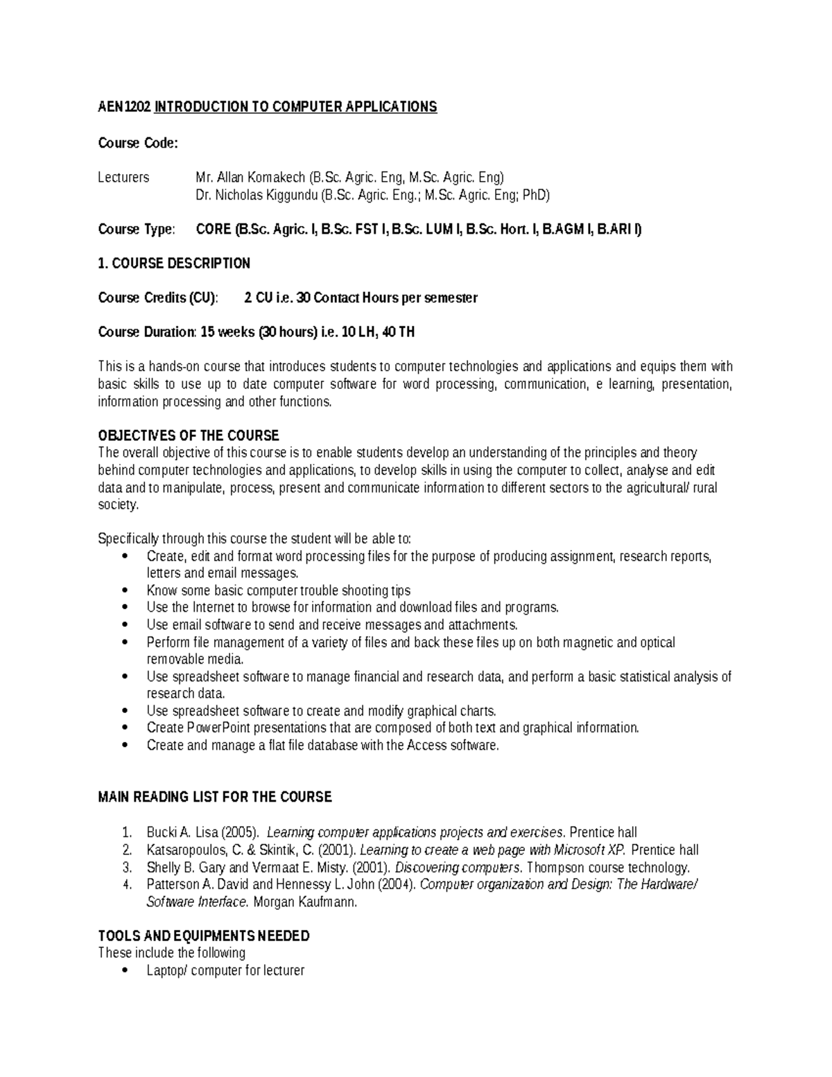 AEN1202 Introduction TO Computer Applications - AEN1202 INTRODUCTION TO ...