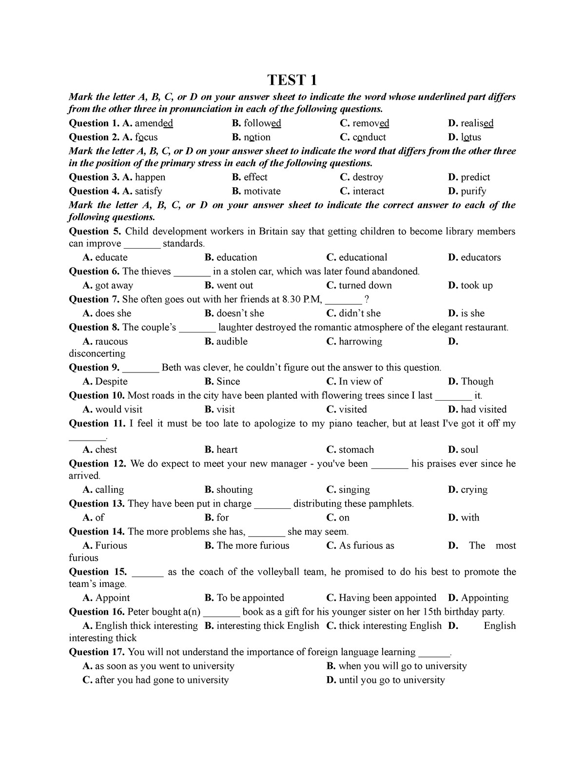 MOCK TEST - đề MOCK TEST - TEST 1 Mark The Letter A, B, C, Or D On Your ...