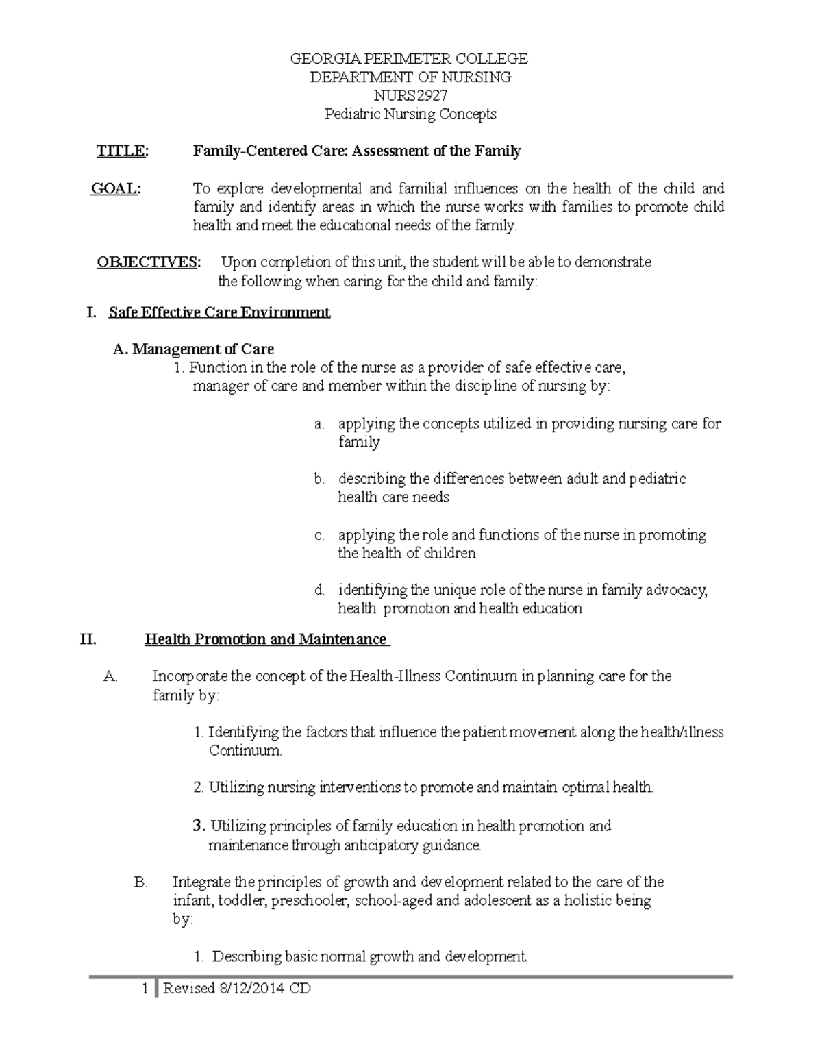 Ass. of Family Lecture objectives PERIMETER COLLEGE