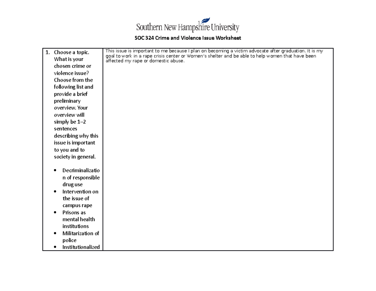 Soc324 crime and violence issue worksheet - SOC 324 Crime and Violence ...
