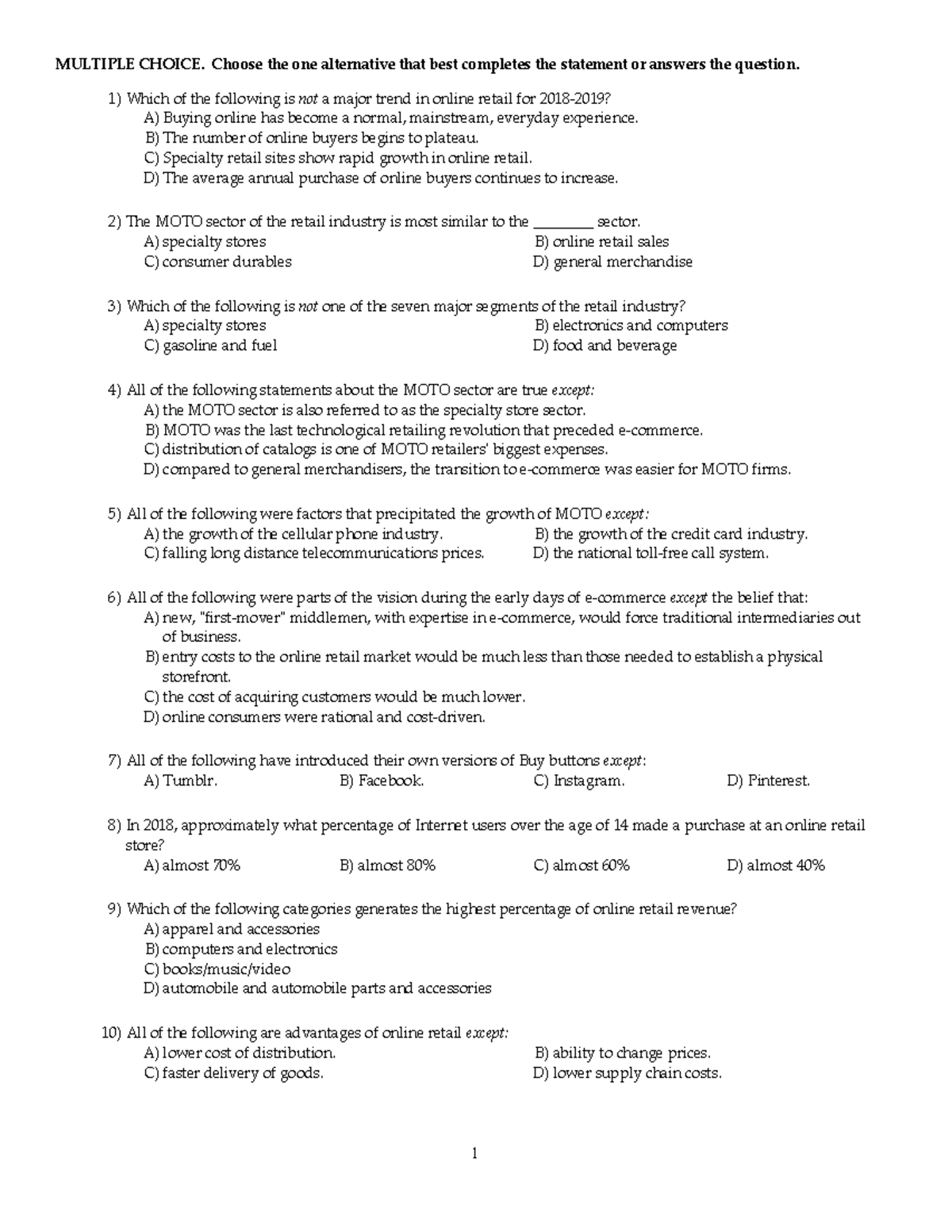 Quiz Chap 9 - MULTIPLE CHOICE. Choose the one alternative that best ...