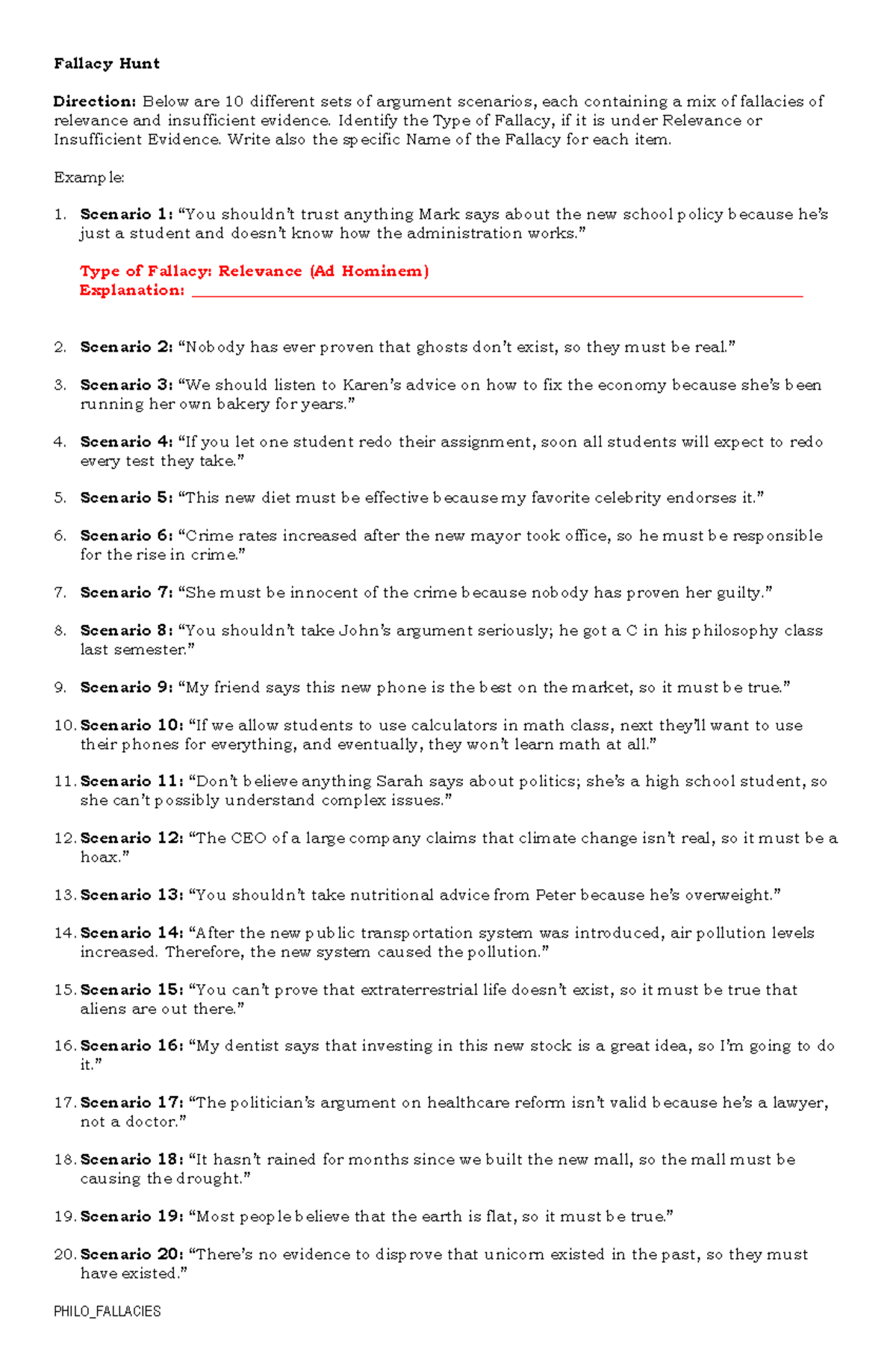 Philo Fallacy Hunt Activity - PHILO_FALLACIES Fallacy Hunt Direction ...