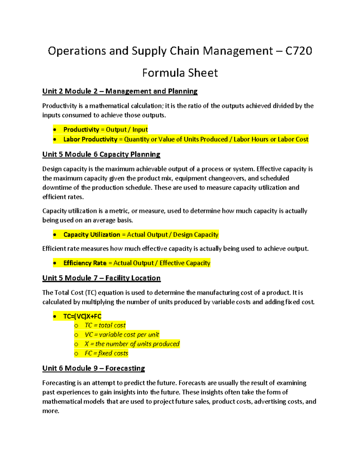 C720 Formula Sheet Operations and Supply Chain Management C Formula