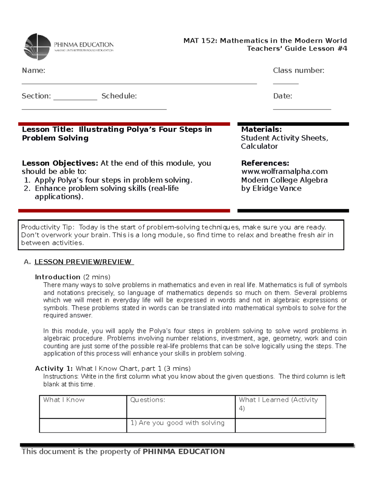 Copy-of-TG05-MAT-152- Lesson-4b Polya-problem-solving - Teachers’ Guide ...